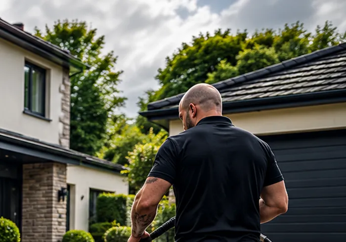 Illustrative exterior cleaning scene showing a residential roofline